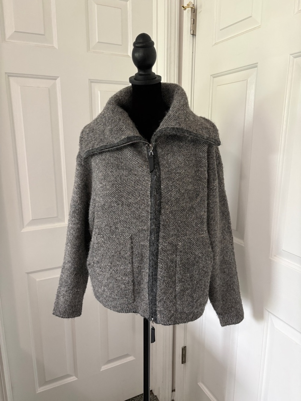 Cyrus Grey Zip-Front Wool-Blend Cardigan Jacket